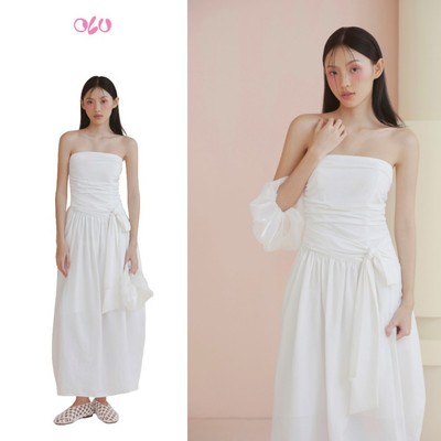 Đầm OLV cúp ngực dáng dài sang trọng White Ruched Tie Waist Dress thanh lịch