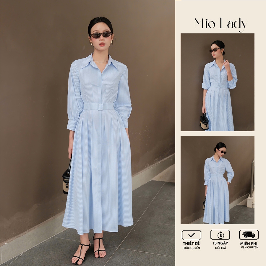 Váy sơ mi nữ kẻ sọc dáng xoè tay dài, kèm đai Mio Lady VA014