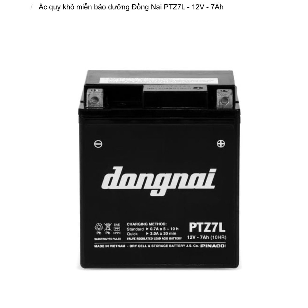 Bình acquy xe máy khô miễn bảo dưỡng Đồng Nai PTZ7L | 12V - 7Ah, bình ắc quy xe máy honda 12v.