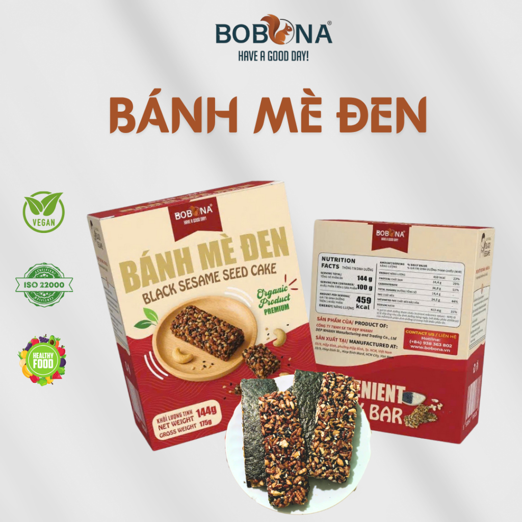 Bánh mè đen BOBONA đen tóc đẹp da, ăn chay, ăn kiêng, ăn vặt, healthy, dinh dưỡng, tiện lợi