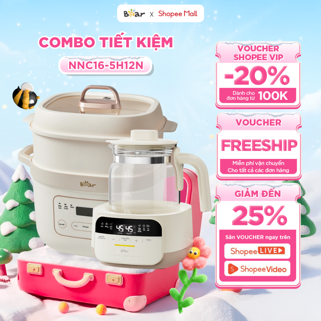 Combo Nồi Nấu Cháo Chậm 1.6L BEAR NNC16 Nồi Chưng Yến và Máy Đun Nước Hâm Sữa WW-5H12N Dung Tích 1.3