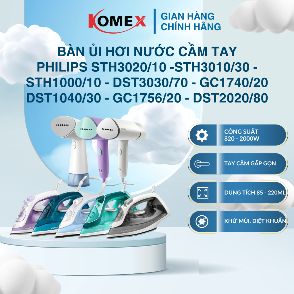 Bàn Ủi Hơi Nước Cầm Tay Philips GC1740/20, DST1040/30, GC1756/20, DST3030/70, STH1000/10, STH3010/30