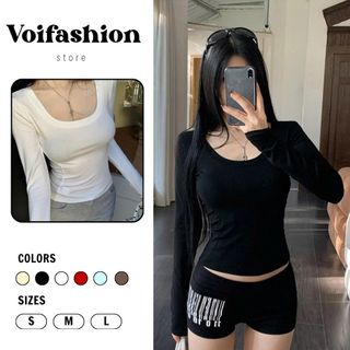   MUA 2 GIẢM 15K  Áo Thun Cổ Vuông Dài Tay Siêu Co Giãn Mềm Mịn Áo Kiểu Nữ Chất Cotton Bozip Dày Dặn Voifashion 