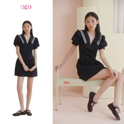 Đầm OLV cổ V thủy thủ dáng chiết eo năng động Navy Puff Sleeves Sailor Dress phù hợp đi chơi đi làm