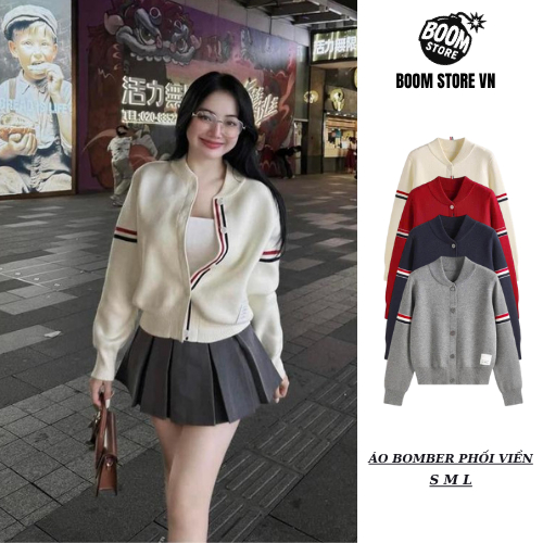 [NỈ 2 DA CHUẨN] Áo Khoác Bomber Phối Viền Nổ Đính Cúc ,Áo Khoác Nữ Kẻ Sọc Hottrend  – BY BOOM STORE