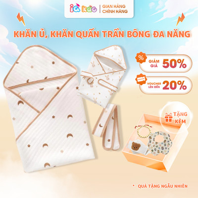 Chăn Ủ Khăn Quấn Chần Bông Cho Bé Sơ Sinh Có Mũ Trùm IQKAO UC03, Phong Cách Hàn Quốc, Mềm Mại, Đa Năng 85x85cm
