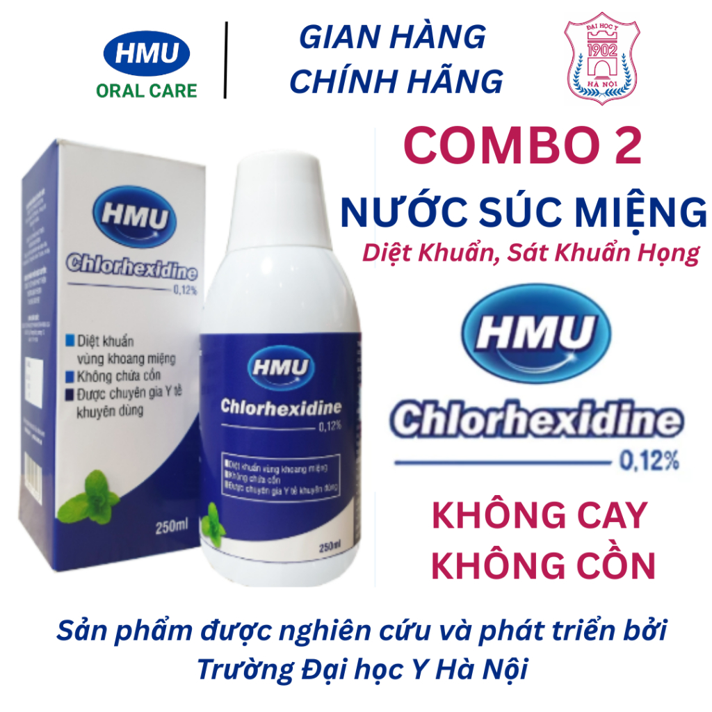 Combo 2 Nước Súc Miệng Diệt Khuẩn, Sát Khuẩn Họng HMU Chlohexidine 0,12% Chai 250ml