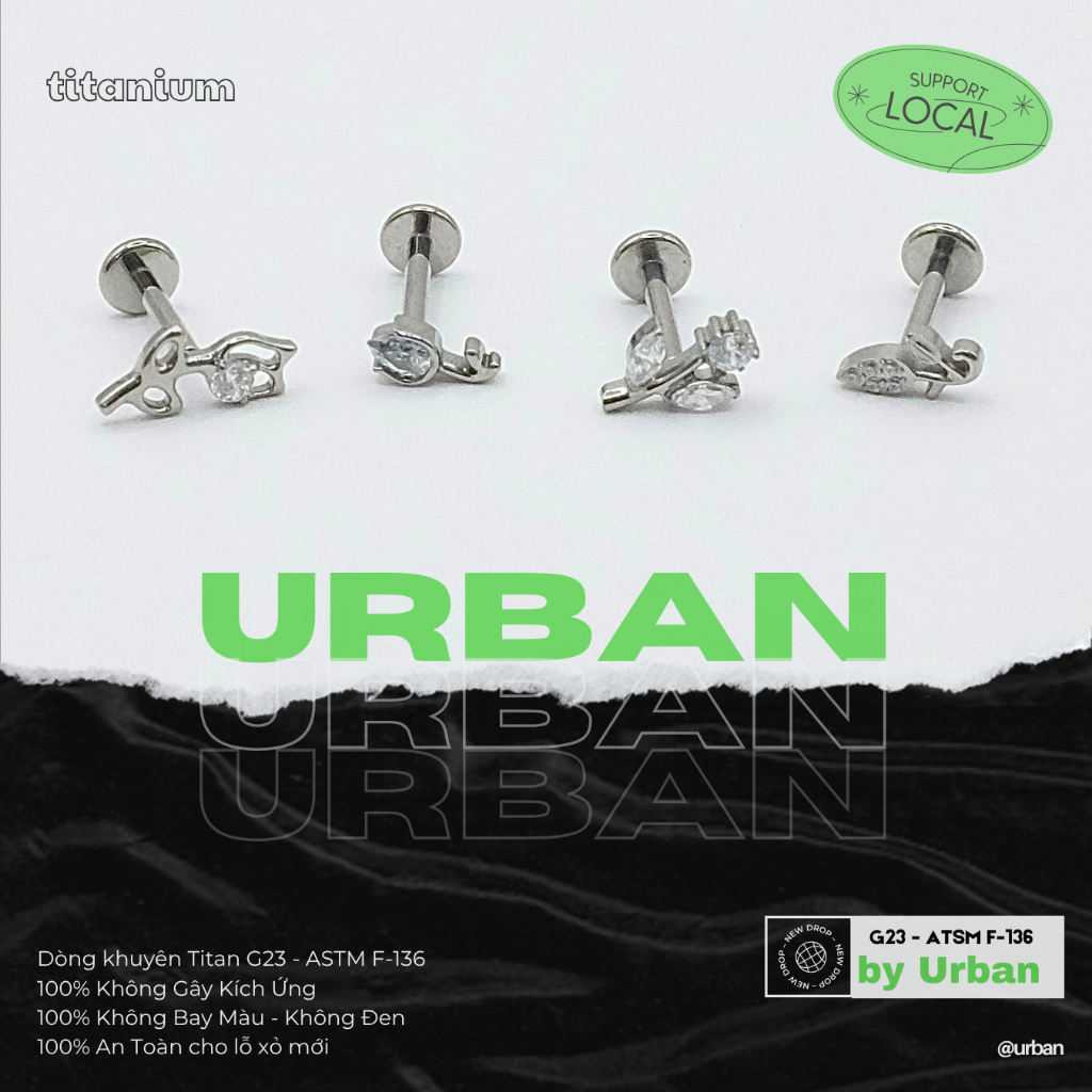 [1 Mặt Khuyên] Khuyên tai, chất liệu titan G23 F136 Cành Hoa Không Ngứa Không Đen urban  [XỎ]