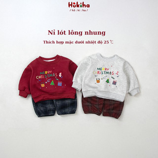  Bộ dài tay gồm áo Noel nỉ lót lông nhung hình dễ thương và quần dạ kẻ cho bé Hokiha vải mềm mịn ấm áp size 8-17kg B260 