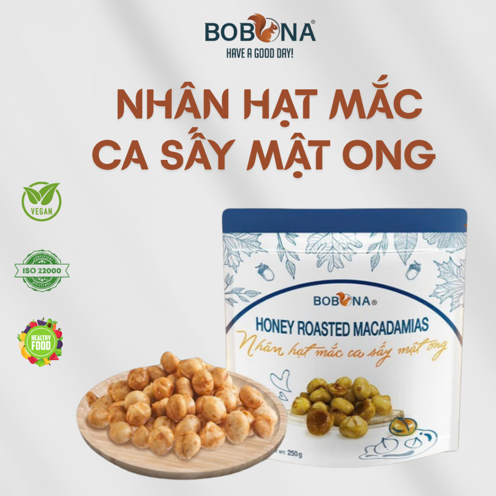 Nhân Hạt Mắc Ca Sấy Mật Ong BOBONA Nguyên Hạt, Mắc Ca Đăk Lăk Loại 1, Dạng Hũ/Túi Tiện Lợi Ăn Liền
