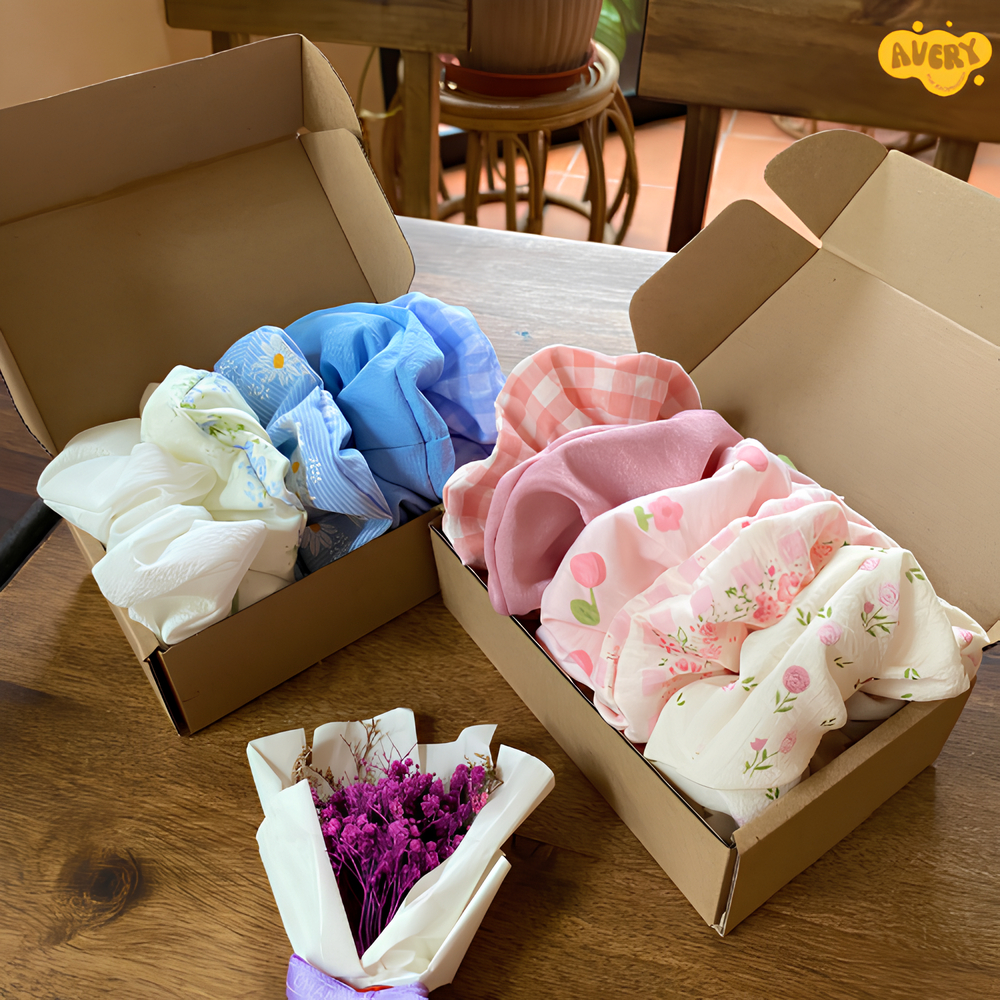  Set hộp 5 dây buộc tóc cột tóc Scrunchies nhiều màu siêu xinh 