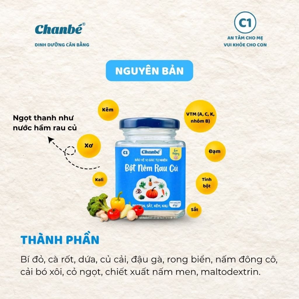Bột nêm ăn dặm vị tự nhiên cho bé 6 tháng tuổi chanbe hũ 61g