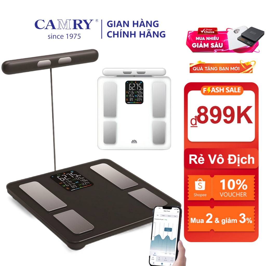Camry Cân điện tử sức khỏe thông minh cao cấp, i8 cân đo 23 chỉ số cơ thể phân tích lượng mỡ
