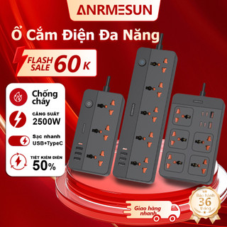  Ổ Cắm Điện Đa Năng Treo ANRMESUN Thông Minh 2500W Chống Sét Chống Cháy USB Type-C Sạc Nhanh 20W Lõi Đồng Cầu Chì Dây 2m 
