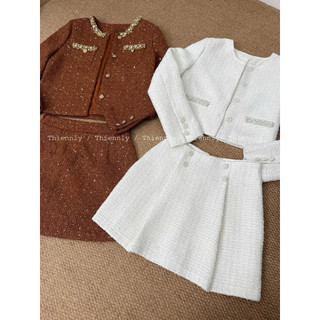    Ảnh thật   9548 set dạ tweed trắng kem áo khoác cúc ngọc và chân váy ly lót quần 