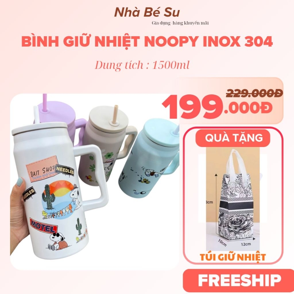 Ly Giữ Nhiệt Vuông Họa Tiết Spoony Có Tay Cầm Inox 304 1500ml