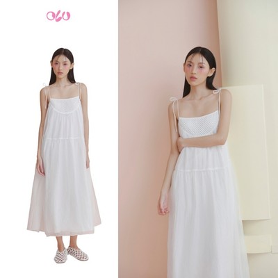 Đầm suông hai dây bồng xòe thanh lịch White Chiffon Strappy Crochet Dress hợp đi chơi đi biển OLV