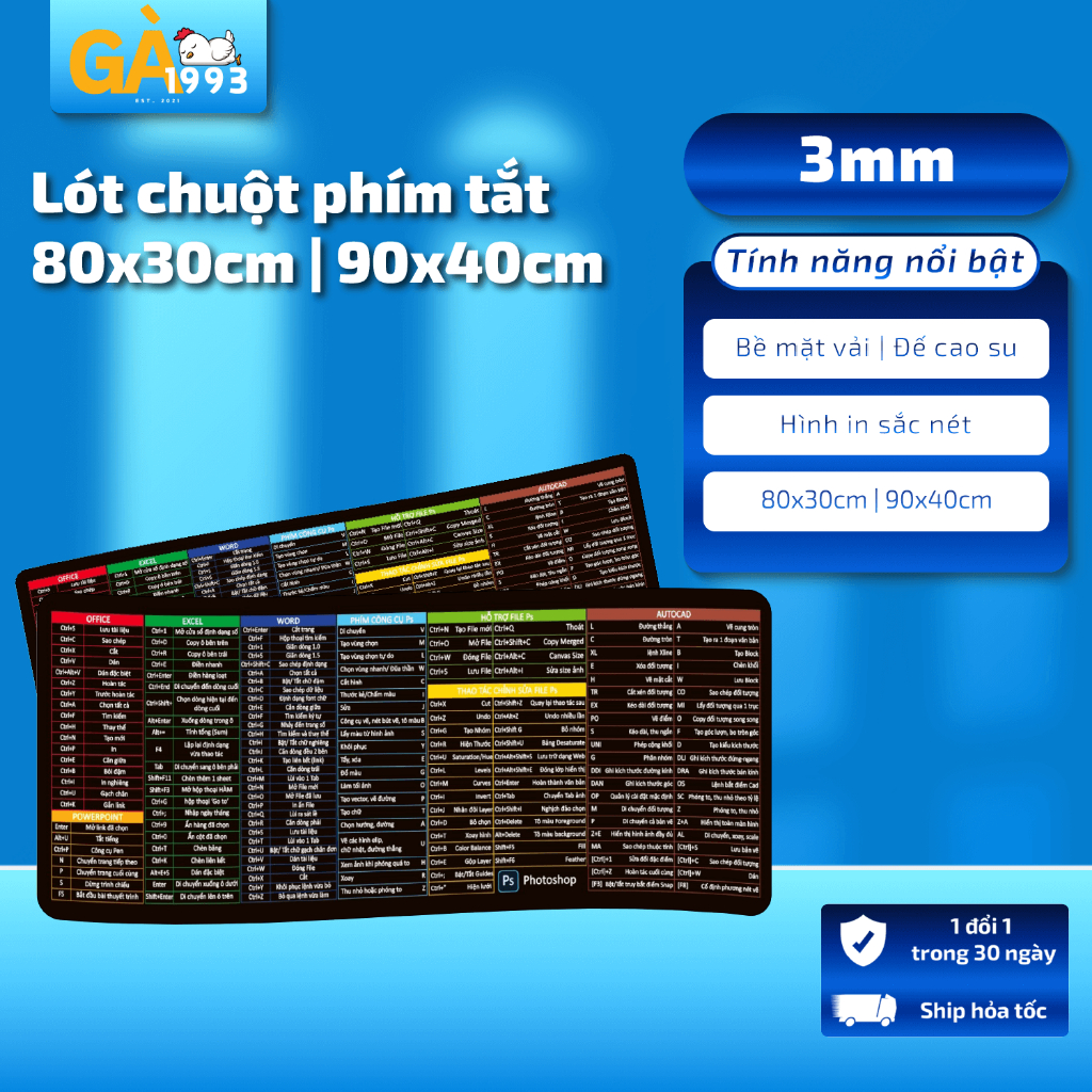 Lót chuột cỡ lớn size 80x30 90x40cm, dày 3mm – Bề mặt mịn, di chuột mượt mà, bo viền chắc chắn