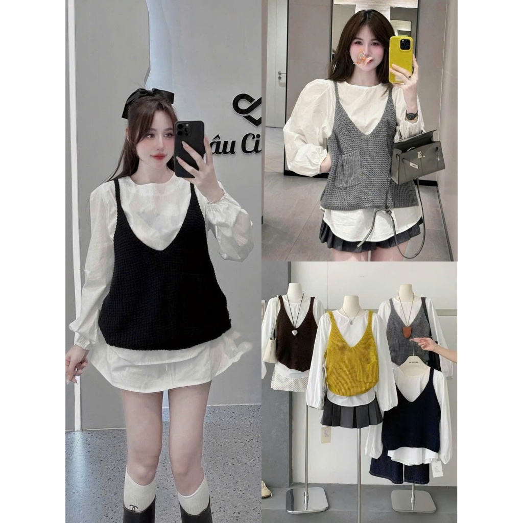 (4 Màu) Set Áo Len GiLe Gạo Mix Áo Thô Cổ Tròn Tay Bồng Vibe Hàn Quốc ,Vitage _Ảnh Thật Lollaye