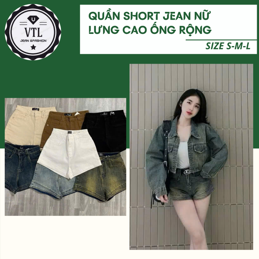 Quần short jeans nữ ton vòng 3 ống rộng lưng cao