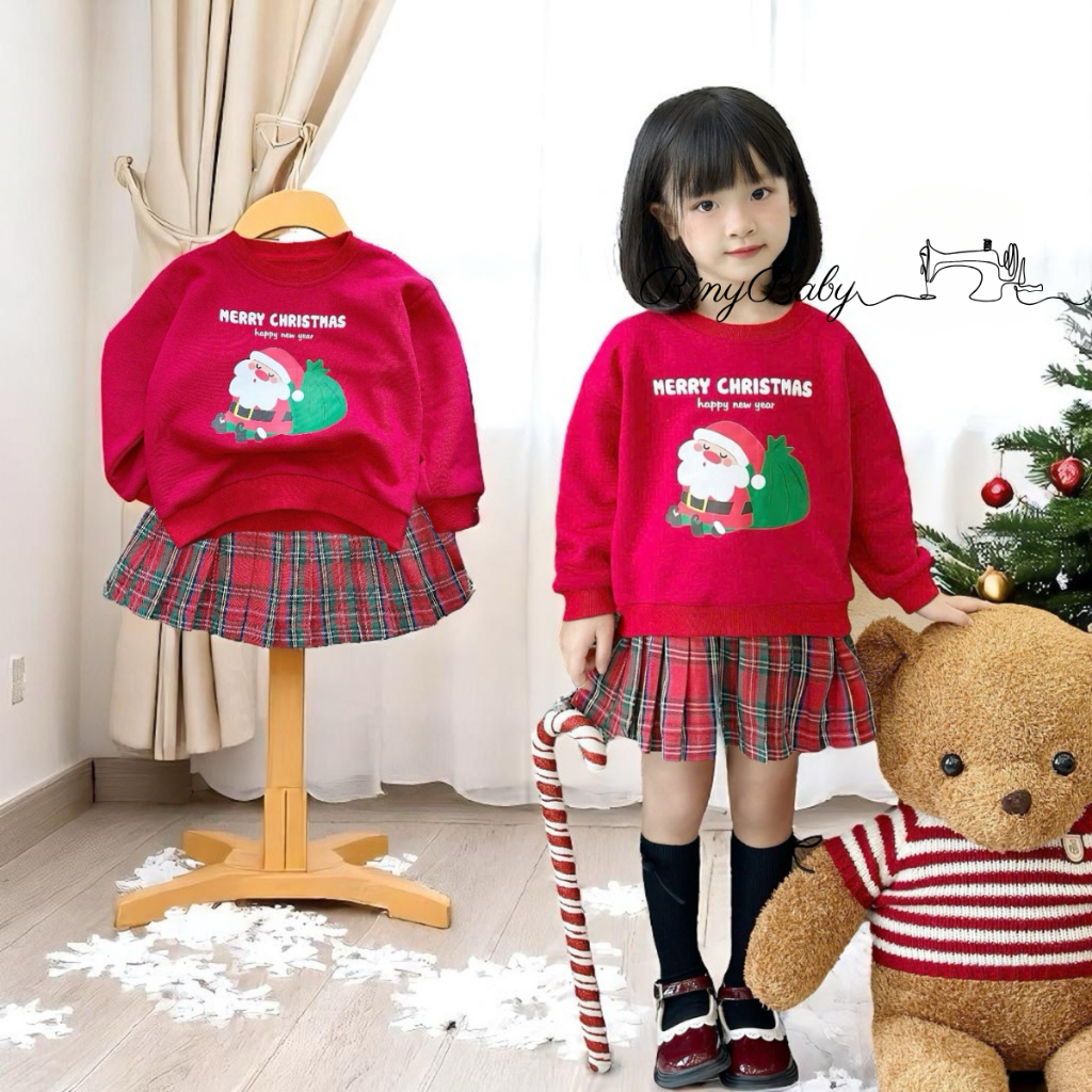Bộ áo dài tay đỏ chân váy xếp ly, quần áo bé gái đi chơi Giáng Sinh Noel Chụp ảnh BE230