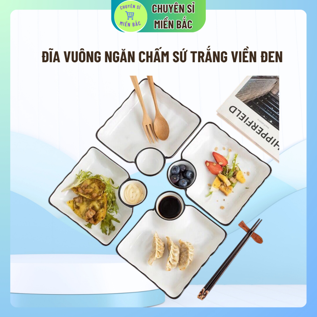 Đĩa vuông ngăn chấm sứ trắng viền đen và nhiều mẫu chọn, Khay đựng đồ ăn có ngăn chấm