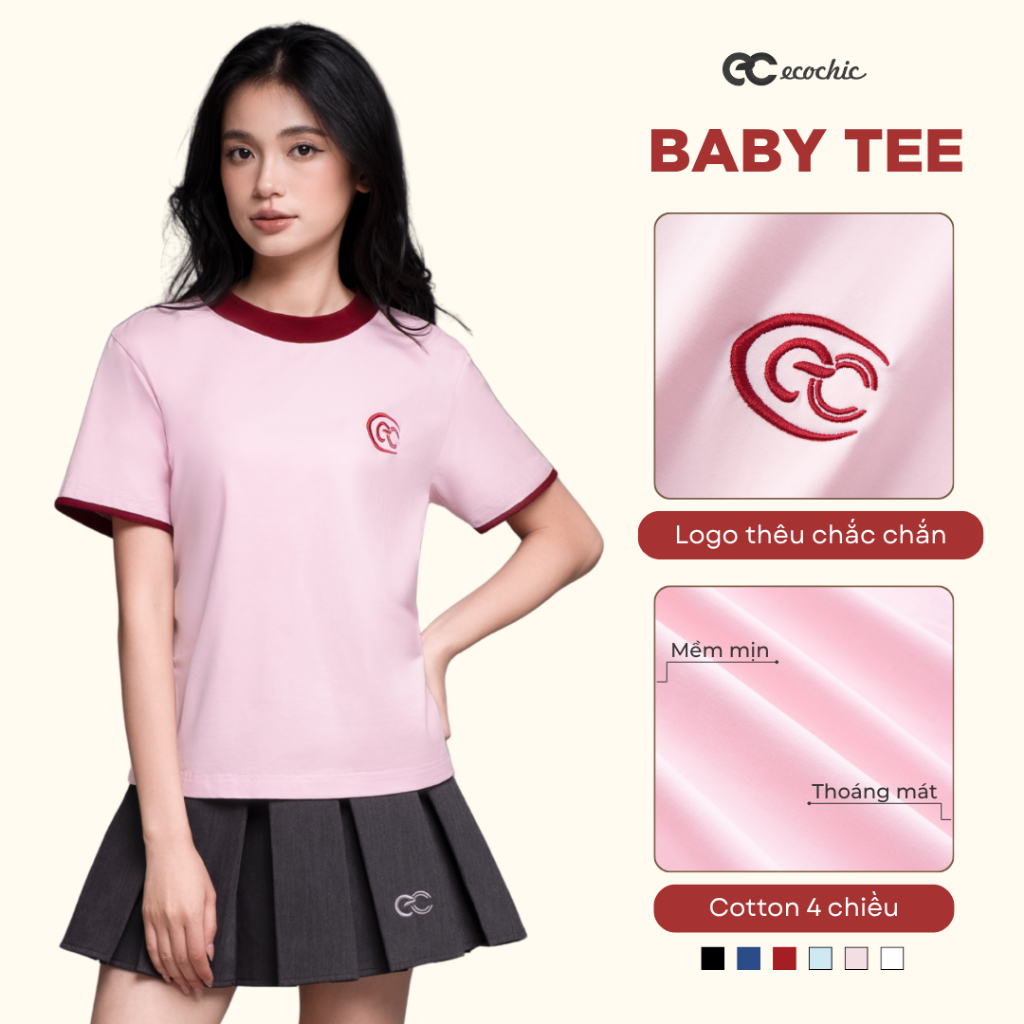 Áo Baby Tee ECOCHIC Basic Cổ Tròn Phối Viền Logo Ngực Chất Liệu Cao Cấp Mềm Mịn Chính Hãng B193 | BigBuy360 - bigbuy360.vn