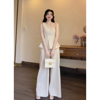  Set áo linen peplum lệch vai phối quần linen suông rộng HT502 kèm hình thật sp 