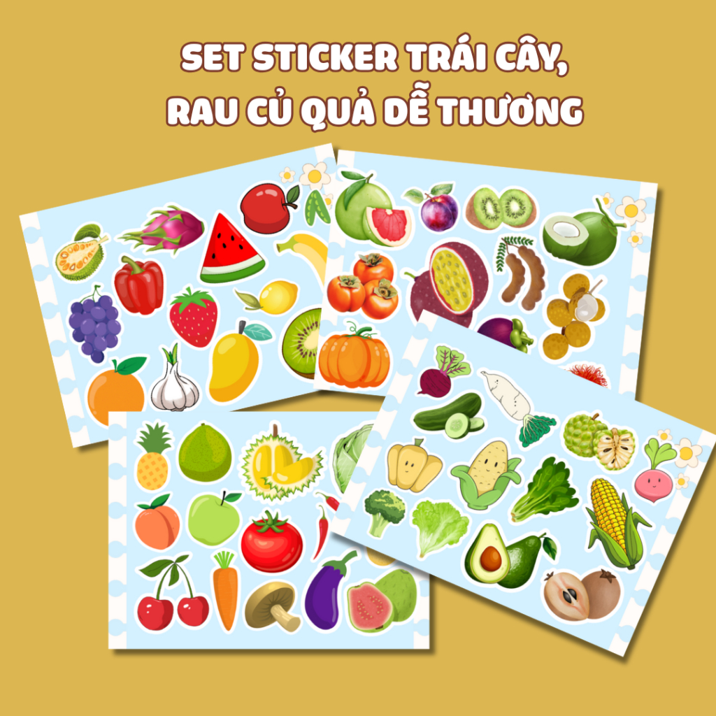 50 sticker Rau củ quả cắt sẵn, bóc dán - Hình dán không trùng làm quà tặng, học liệu, trang trí