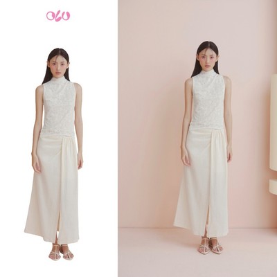 Chân váy OLV dài xẻ tà Cream Linen Wrap Skirt thanh lịch sang trọng phù hợp đi chơi đi tiệc