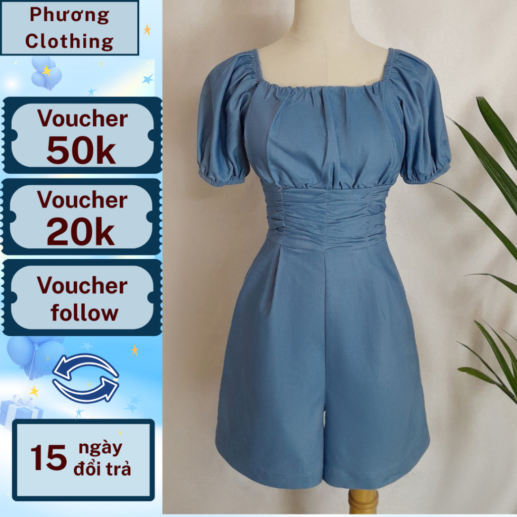 Áo liền quần nữ Jumsuit ngắn PHƯƠNG vải jean ống rộng cổ vuông P502
