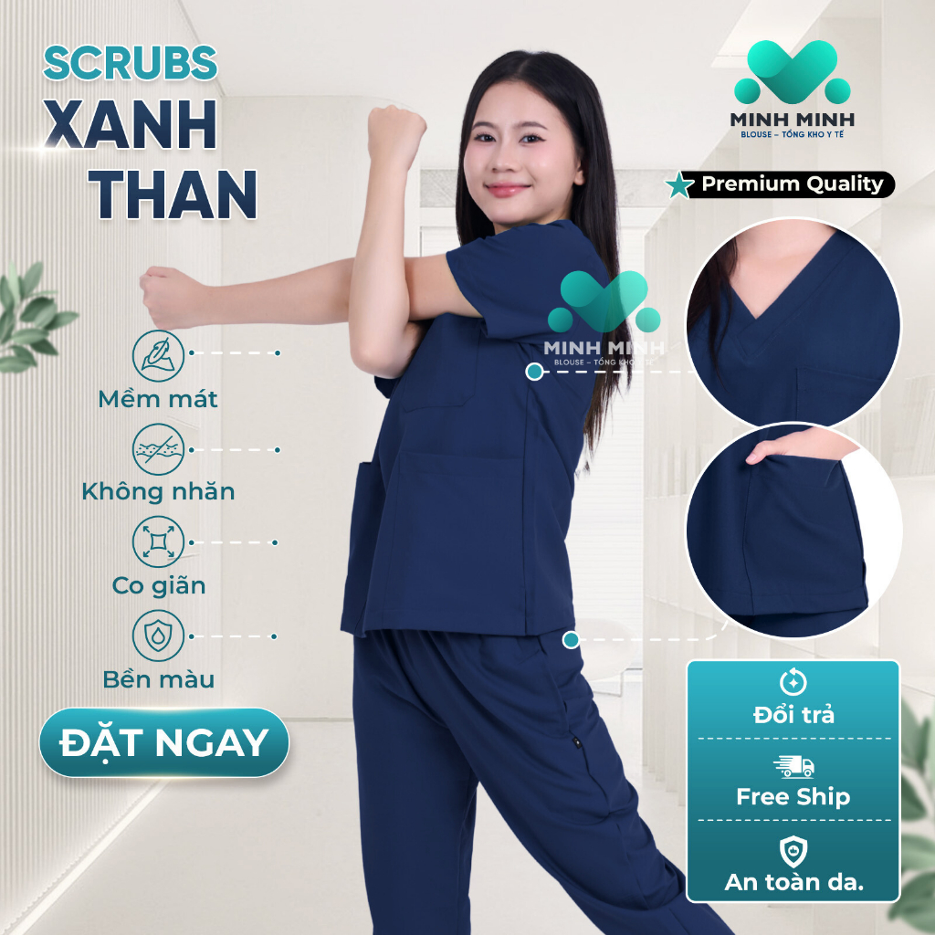 Đồng phục cổ tim mềm mát, thấm hút mồ hôi, không nhăn nhàu màu XANH THAN CAO CẤP cho spa, phòng khám, bác sĩ, phẫu thuật