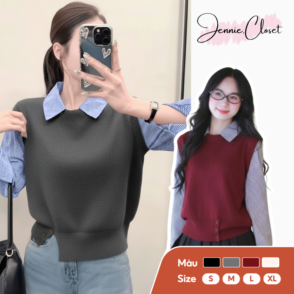 Set Áo Sơ Mi Phối Tăm Lông Thỏ Jennie, Áo 2 Lớp Sơ Mi Kẻ Thời Trang F07