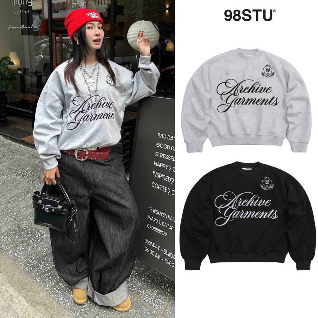 Áo Nỉ Sweater Thêu Archive Garments 98stu Form Boxy Chất Nỉ vải mịn mát không đổ lông