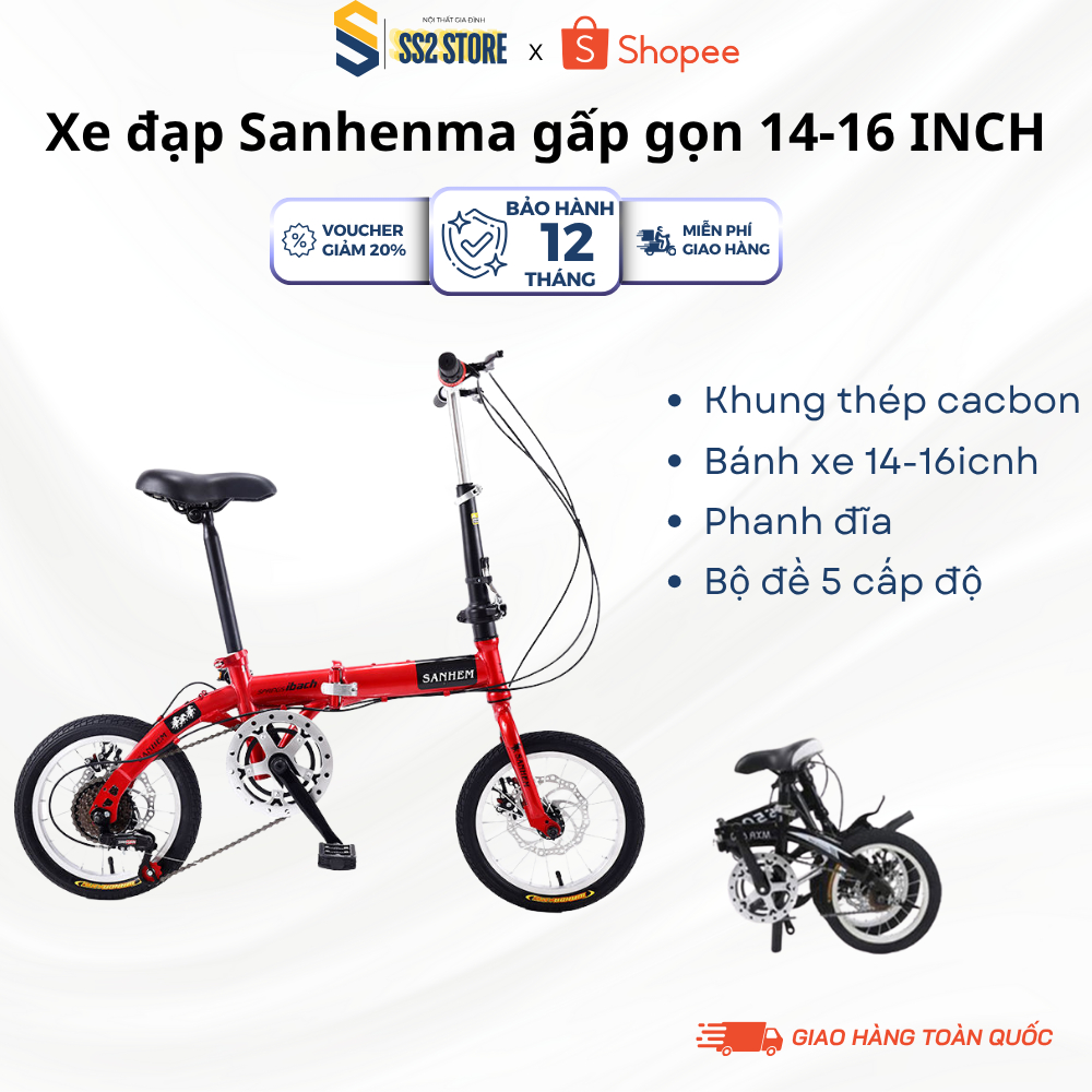 Xe đạp gấp gọn SANHEMA khung thép carbon 14 inch, 16inch,Xe đạp thể thao gấp gọn thép dễ dàng bỏ cốp