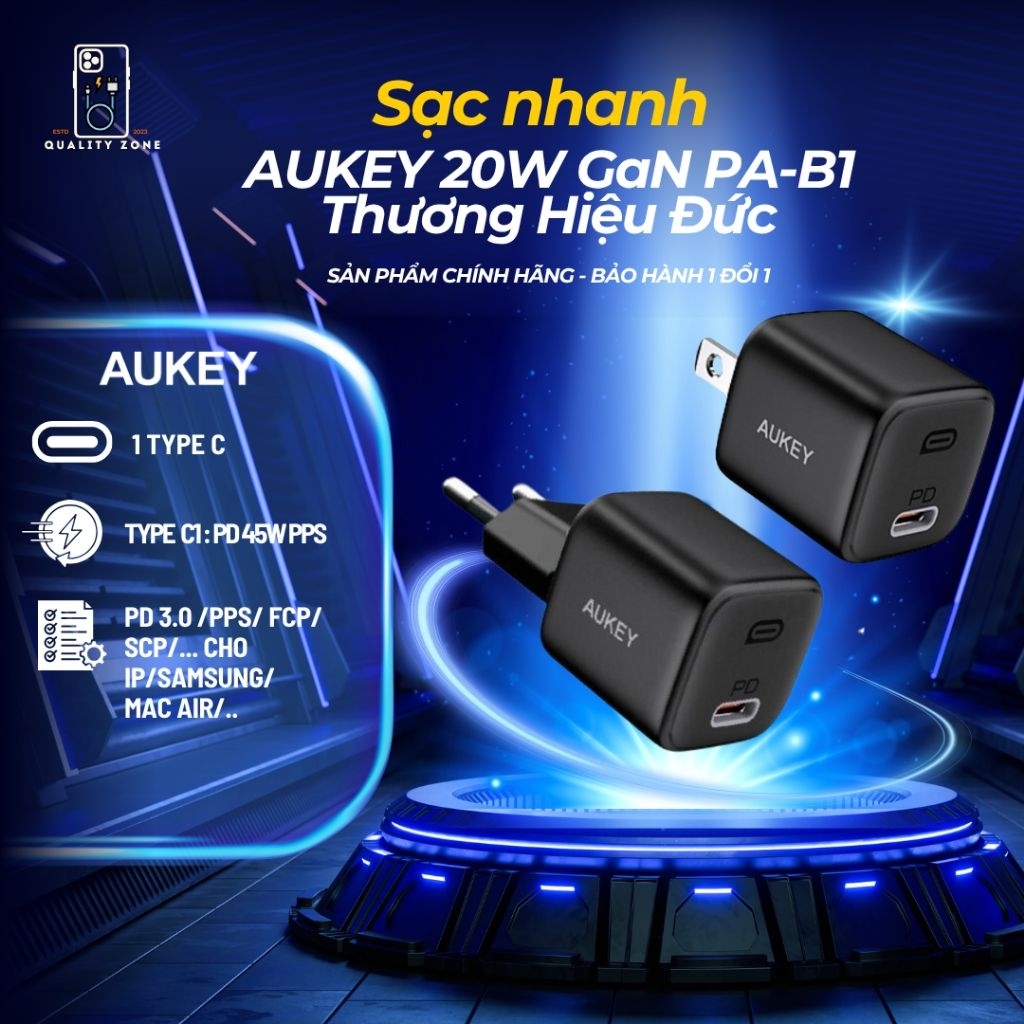Bộ sạc nhanh PD 20W chính hãng AUKEY PA-B1 20W Omnia Gan USB C trợ sạc nhanh Type C PD 3.0 cho iP