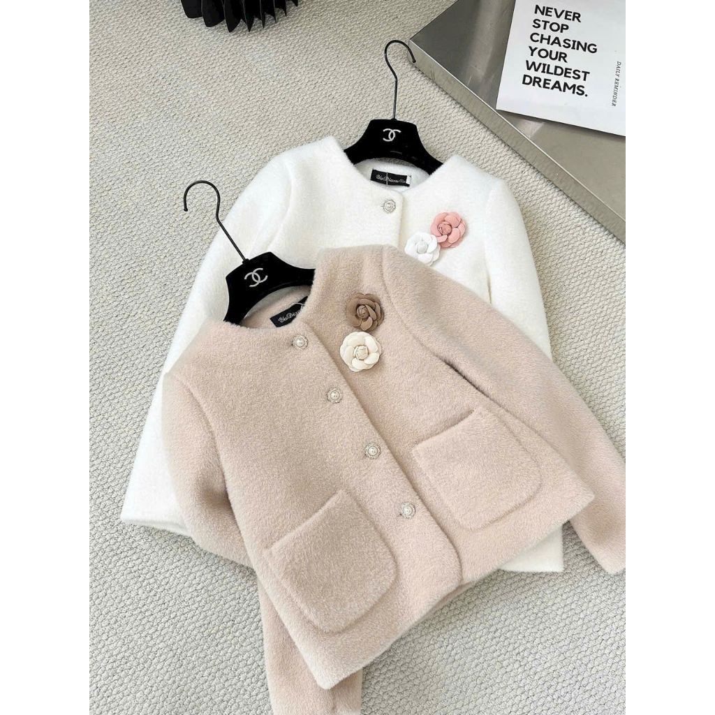 Áo khoác nữ vải dạ lông thỏ sang chảnh, áo khoác nữ vải dạ dày ấm