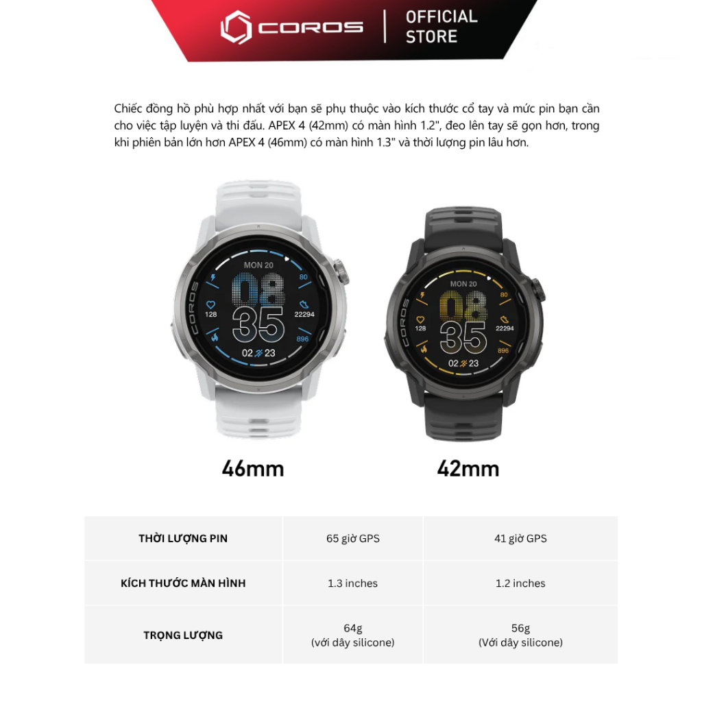 Đồng Hồ Thể Thao COROS APEX 4 42mm - Bảo Hành Chính Hãng 24 Tháng | BigBuy360 - bigbuy360.vn