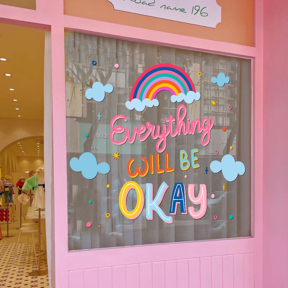 A🌈✨ Decal Dán Kính Chữ “EVERYTHING WILL BE OK” – Nhiều Màu Sắc, Trang Trí Tươi Vui