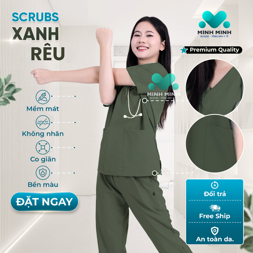 Bộ scrubs cổ tim bác sĩ, điều dưỡng, kĩ thuật viên, nhân viên y tế, đồng phục màu XANH BỘ ĐỘI, XANH RÊU
