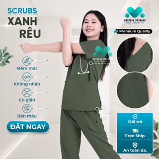 Bộ scrubs cổ tim bác sĩ, điều dưỡng, kĩ thuật viên, nhân viên y tế, đồng phục màu XANH BỘ ĐỘI, XANH RÊU