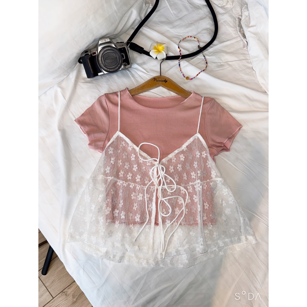 Set Áo thun Trơn Kèm Áo Ren Hai Dây Dệt Hoa Phong Cách Hàn Quốc Hàng Quảng Châu Hippiclothing A0