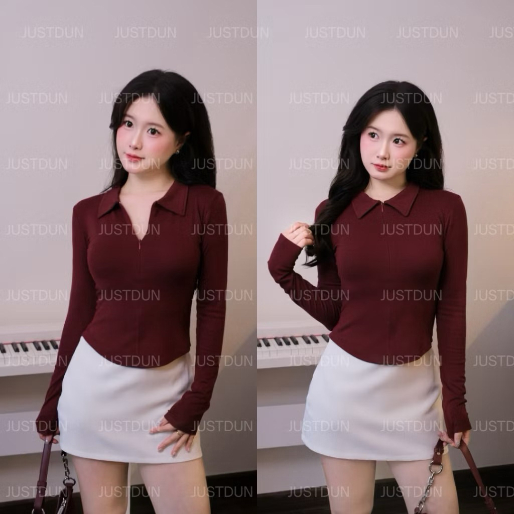 (DEAL MỞ BÁN) Áo Thun Nữ Cổ Bẻ Tay Dài Phối Dây Kéo Ôm Dáng Vạt Bầu Vải Cotton Mịn SHEES Sg A2705 | BigBuy360 - bigbuy360.vn