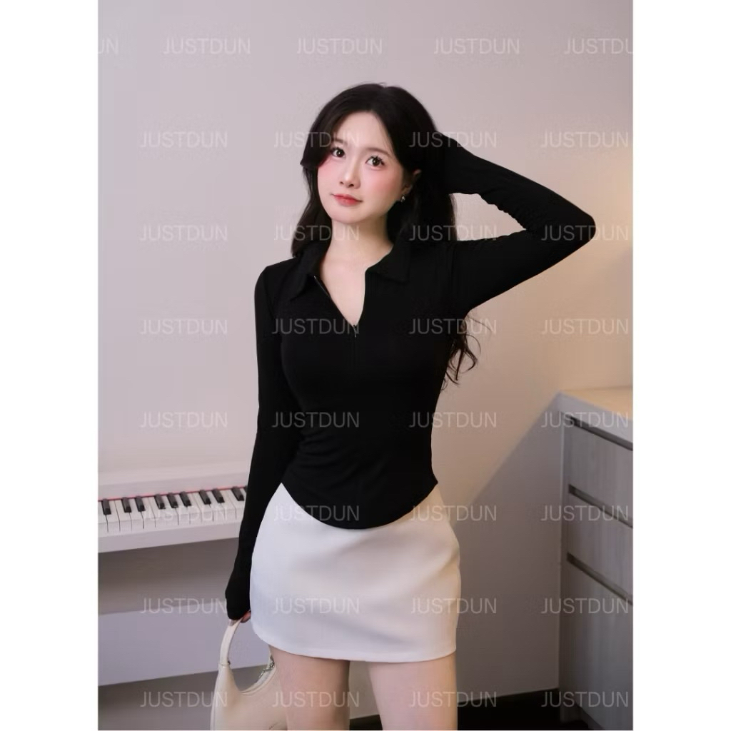 (DEAL MỞ BÁN) Áo Thun Nữ Cổ Bẻ Tay Dài Phối Dây Kéo Ôm Dáng Vạt Bầu Vải Cotton Mịn SHEES Sg A2705 | BigBuy360 - bigbuy360.vn