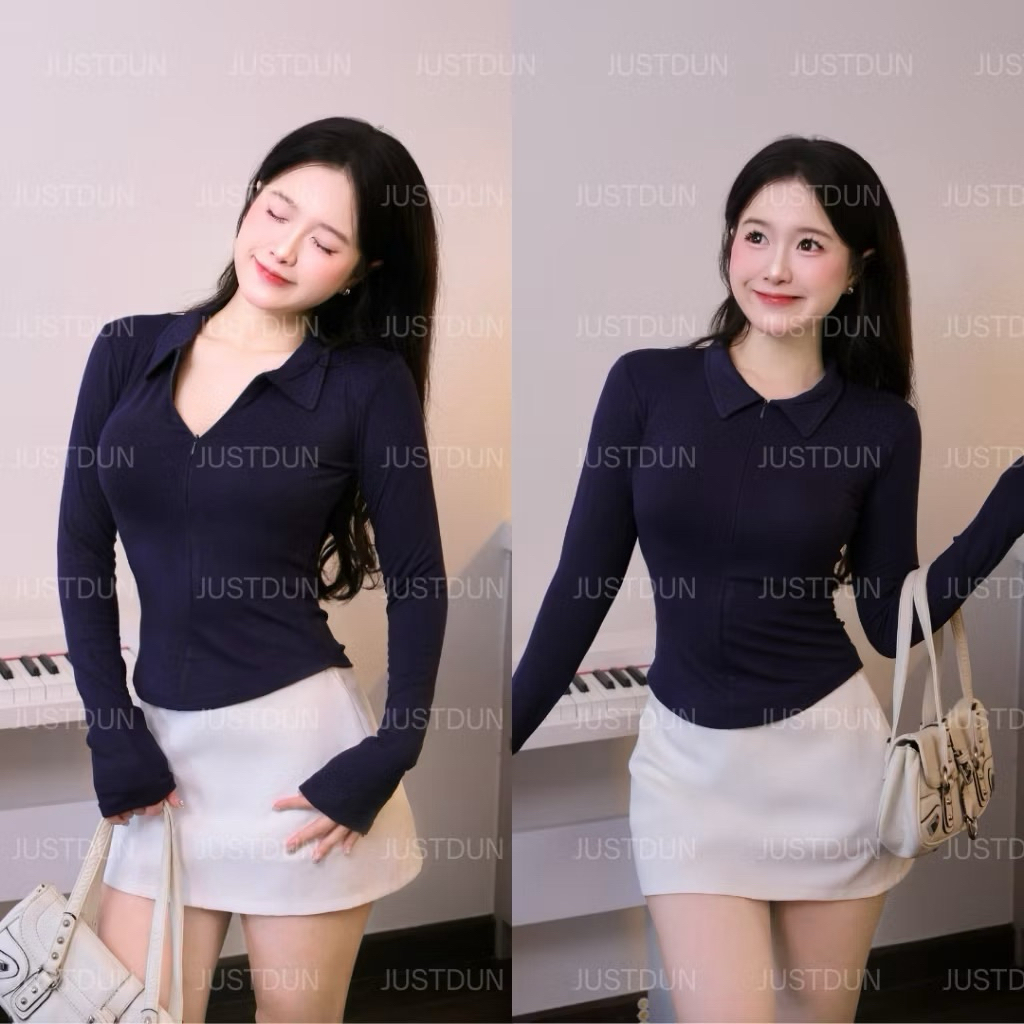 (DEAL MỞ BÁN) Áo Thun Nữ Cổ Bẻ Tay Dài Phối Dây Kéo Ôm Dáng Vạt Bầu Vải Cotton Mịn SHEES Sg A2705 | BigBuy360 - bigbuy360.vn