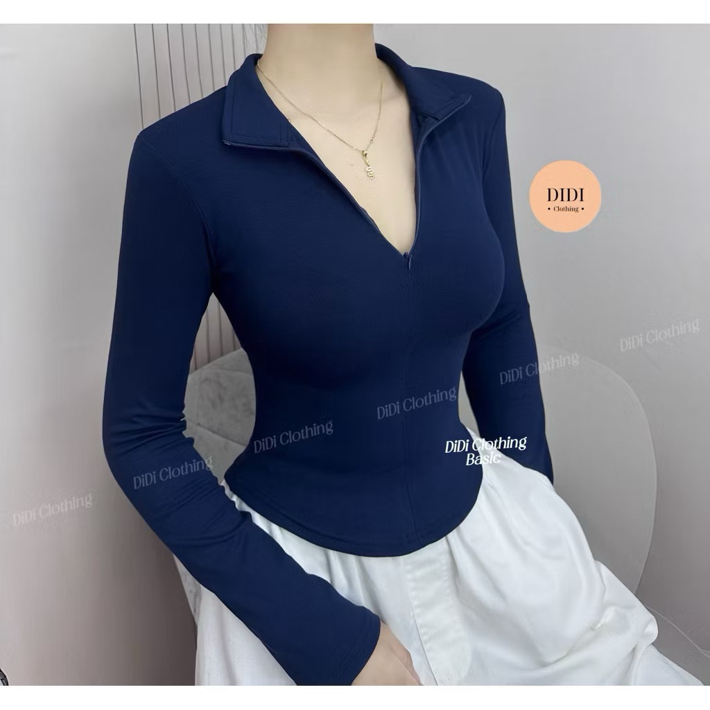 (DEAL MỞ BÁN) Áo Thun Nữ Cổ Bẻ Tay Dài Phối Dây Kéo Ôm Dáng Vạt Bầu Vải Cotton Mịn SHEES Sg A2705 | BigBuy360 - bigbuy360.vn