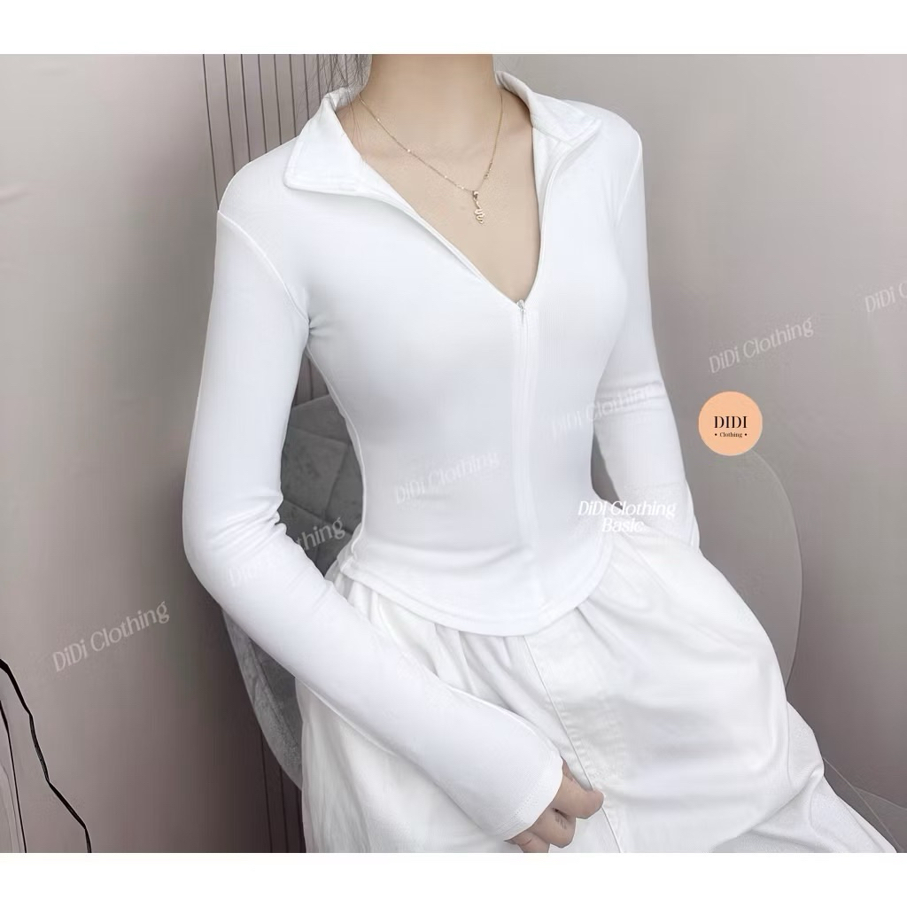 (DEAL MỞ BÁN) Áo Thun Nữ Cổ Bẻ Tay Dài Phối Dây Kéo Ôm Dáng Vạt Bầu Vải Cotton Mịn SHEES Sg A2705 | BigBuy360 - bigbuy360.vn