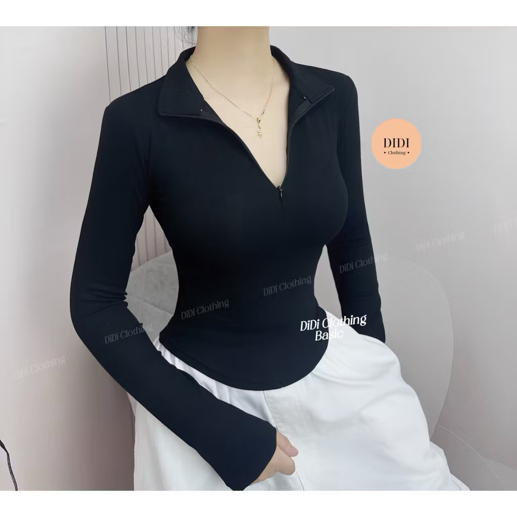 (DEAL MỞ BÁN) Áo Thun Nữ Cổ Bẻ Tay Dài Phối Dây Kéo Ôm Dáng Vạt Bầu Vải Cotton Mịn SHEES Sg A2705 | BigBuy360 - bigbuy360.vn