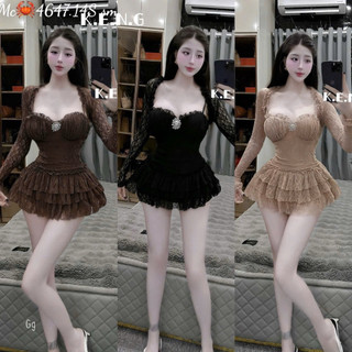 ĐẦM REN Cúp Ngực Dáng Ngắn Tầng Xoè KÈM KHOÁC ĐÍNH TAG