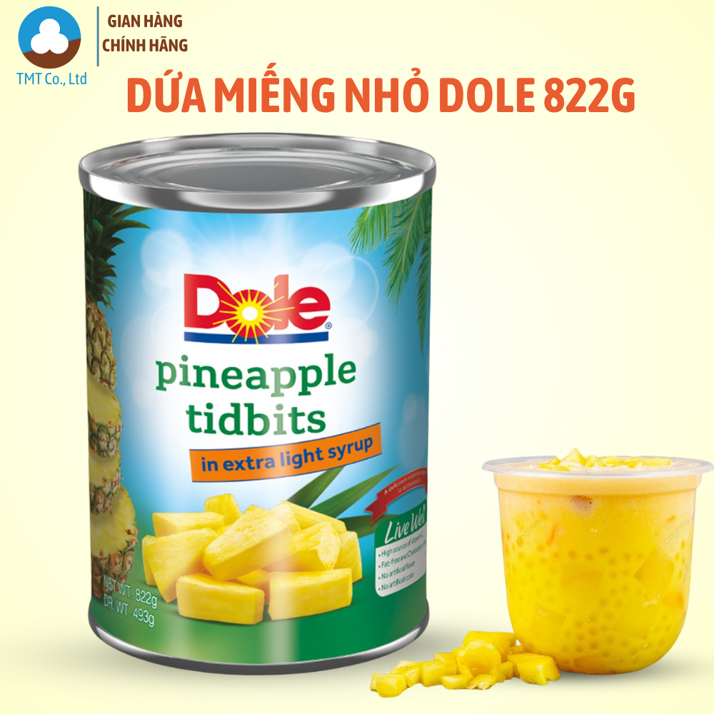 Dứa tươi đóng hộp Dole cắt miếng nhỏ Pineapple tidbits khối lượng 822g